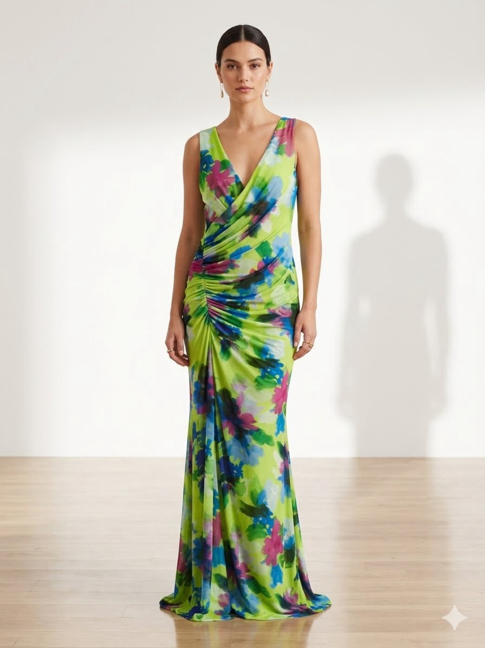 As It May Lime Green Floral V-Neck Ruched Maxi Dress